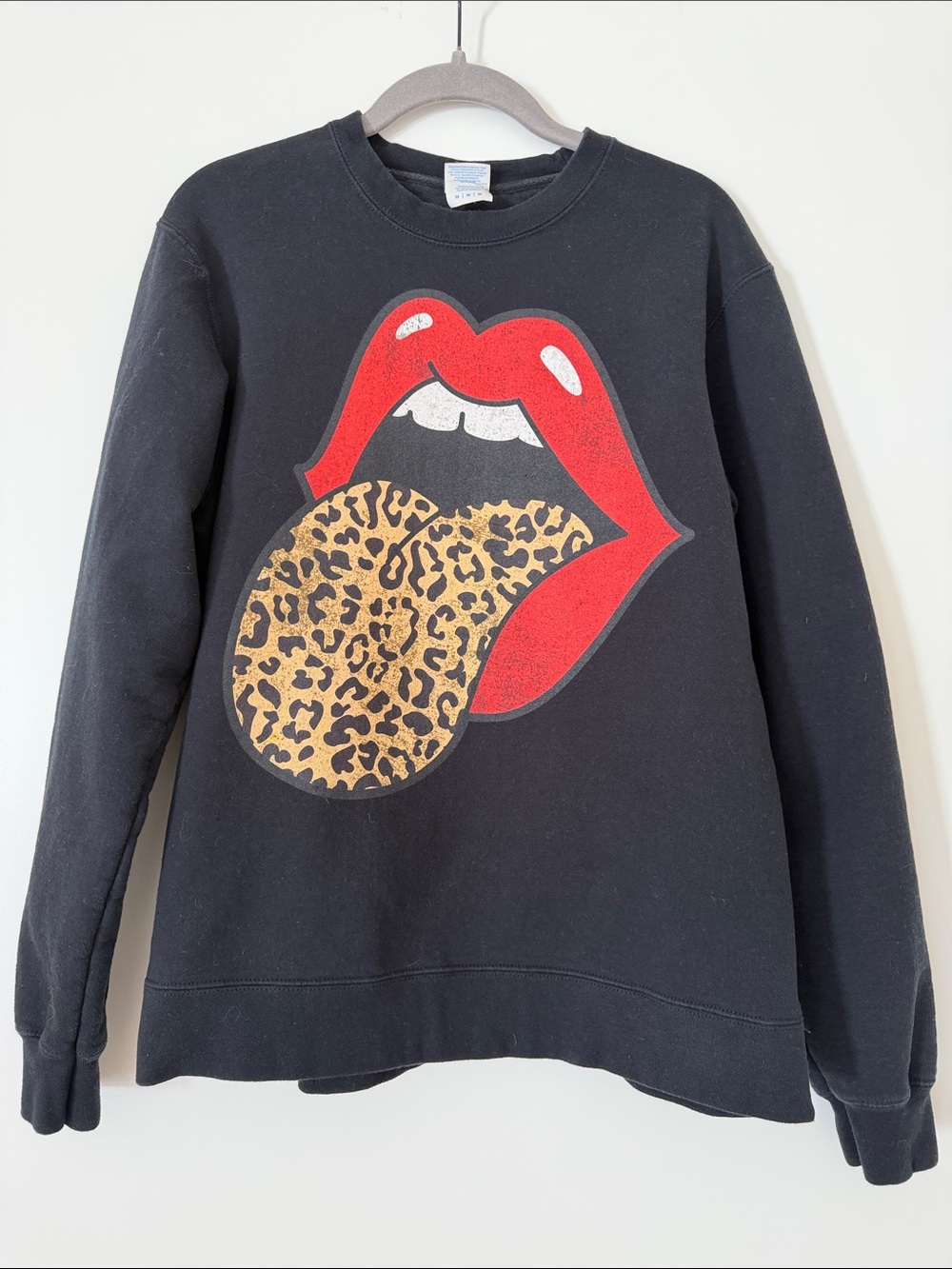 Black Rolling Stones Sweatshirt Medium Red Lips Leopard Tongue Cotton Blend